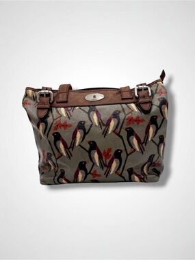 Fossil Key-Per Bird Print Coated Canvas Tote Bag Gray Brown Leather Trim Zip Top